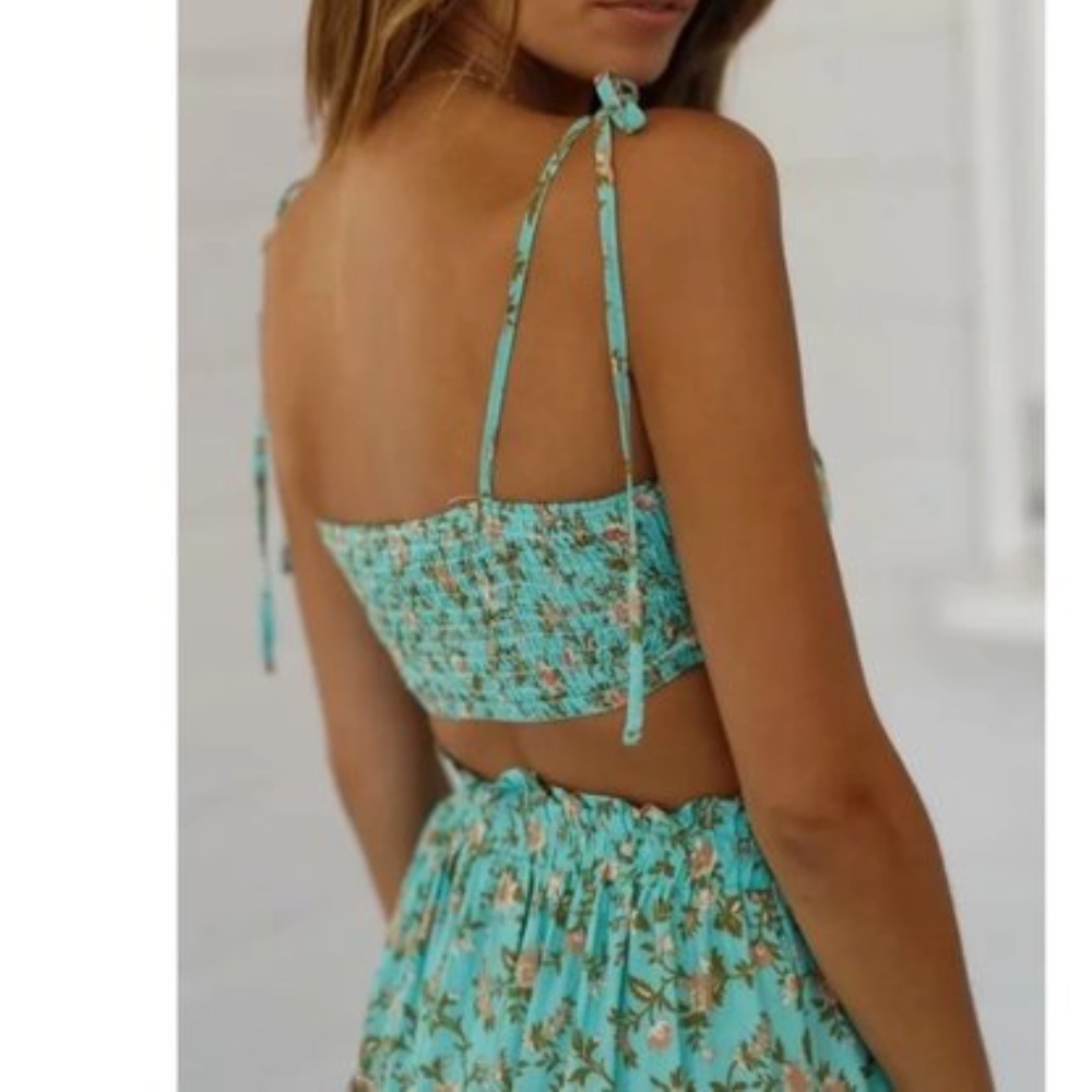 Bohemian Mint Green Floral Print crop top Ruffle Mini Skirt Set - Picture 4 of 5